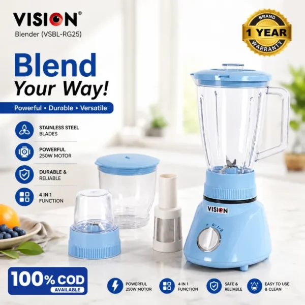 VISION Blender VSBL-RG25 (94896) | 350W 3-in-1 Juicer, Grinder & Mincer | 1.6L Unbreakable Jar | Any Colour | Free Delivery